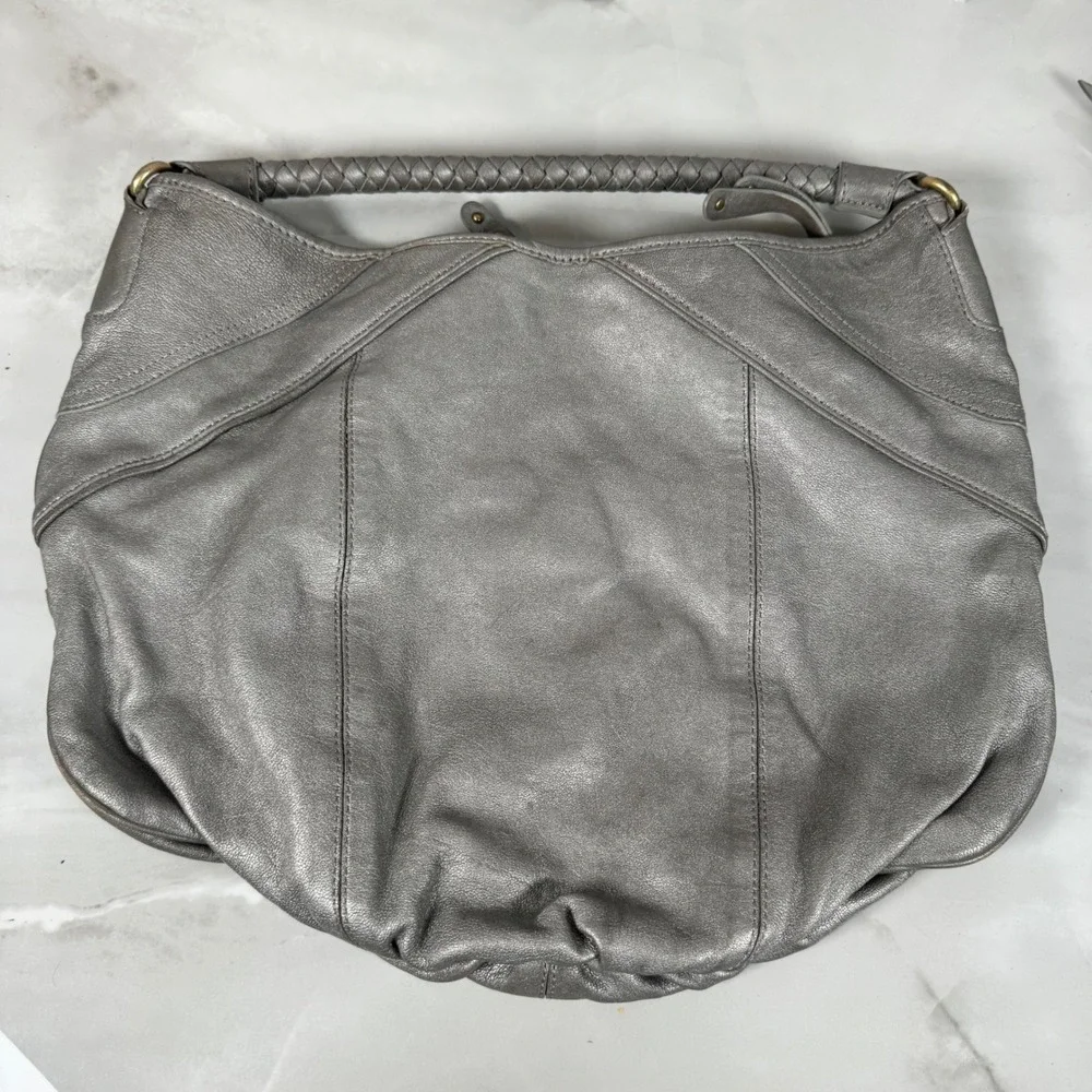 Banana Republic Silver Italian Leather Hobo Bag Purse Braided Strap Lambskin